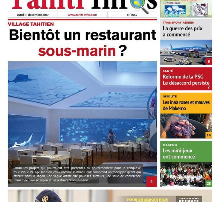 Le Ruahatu park en couverture de Tahiti Infos du 11/12/2017